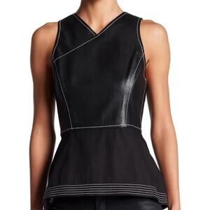BCBGMAXAZRIA Luella Black Faux Leather Peplum Top‎ Womens S NYE Going Out Edgy